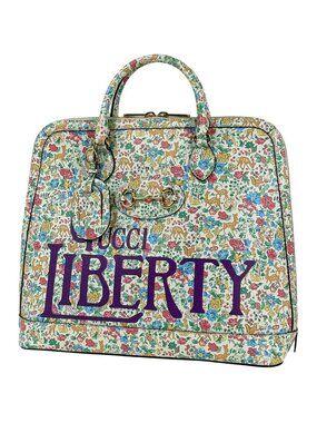 Gucci Horsebit Duffle Handbag Liberty Flower Animal Pattern 2-Way Ivory -